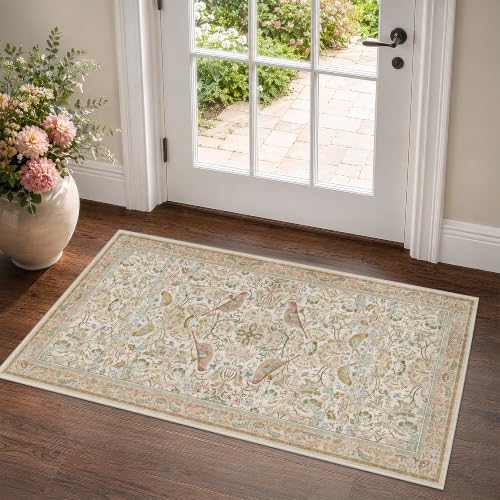 Beige 2x4 Washable Rug for Bathroom, Entryway Non Slip - Soft Low Pile Boho Small Throw Rugs for Kitchen, Powder Room - Unique Boho Bird Botanical Decorative Door Mats Stain Resistant - color: Beige, size: 2' x 4' (Rectangular)