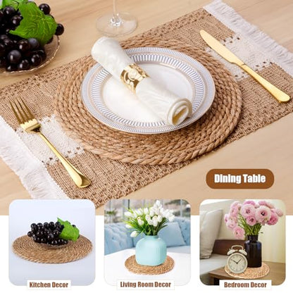 Round Woven Placemats 13.5 inch Set of 6, Boho Hand-Woven Rattan Natural Water Hyacinth Placemats, Farmhouse Weave Chargers, Heat Resistant Rustic Braided Wicker for Dining Table,Kitchen,Wedding,Home - size: 13.5inch Set of 6