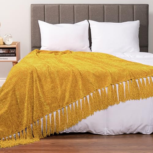 PAVILIA Chenille Throw Blanket Knit Sofa Couch Tassel Throw, Yellow 50x60 - color: Mustard Yellow, size: 50 X 60 Inches - Throw