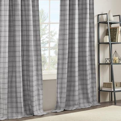 Madison Park Plaid Window Curtain, 1 Panel, 50x84 Grey, Top Tab - color: Faux Leather Tab Top, Grey, size: 50"W x 84"L (Pack of 1)