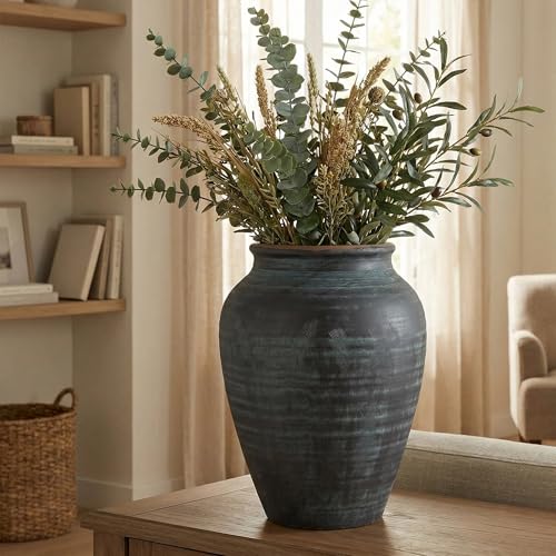 14.17" Blue Ceramic Vase, Rustic Farmhouse Living Room Home Decor - size: 14.17Inch