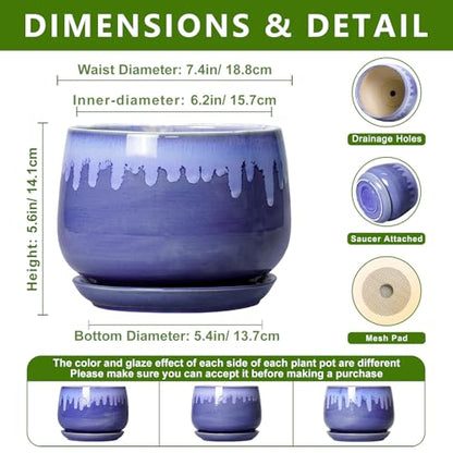 Ceramic Flower Pots, 7 Inch Indoor Planter with Drainage, Blue - size: 7 Inch, style: Blue