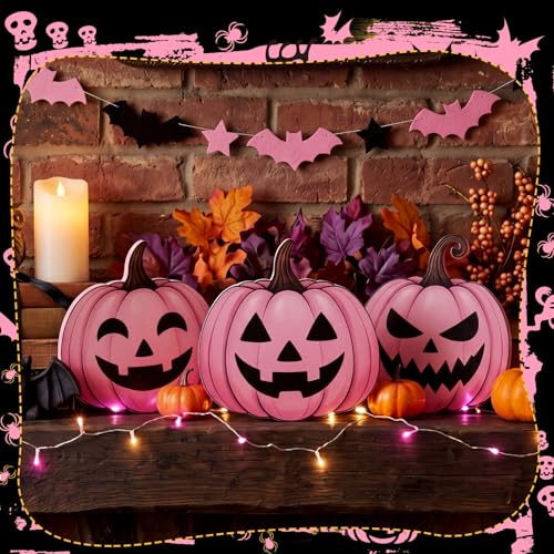 Redbaker 3 Pcs Pink Halloween Decoration, Wooden Ghost Pumpkin Table Decor - style: Halloween Pumpkin