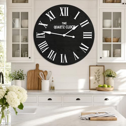 ARTPOWER 35.5" Extra Large Farmhouse Wall Clock,Solid Wood Veneer,Black - color: Black, size: 35.5"W x 35.5"H
