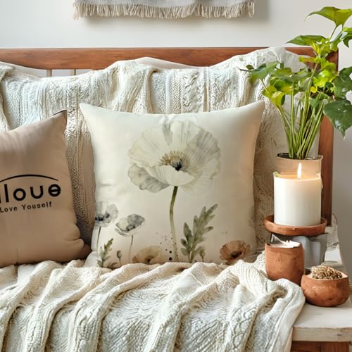 ULOVE LOVE YOURSELF Decorative Throw Pillow Case Watercolor Poppy Cushion Cover Spring Summer Garden Art Pillow Covers 18 X 18 Inches,4Pack Neutral Tone Floral for Sofa Couch Porch(Grayish)
