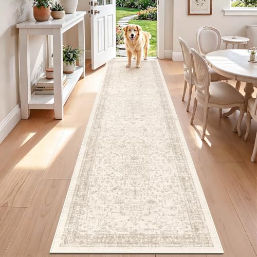nesrt 2x10Ft Vintage Geometric Washable Hallway Runner Rug Non Slip, Beige Boho Thin Long Kitchen Rug Runner, Soft Faux Wool Indoor Floor Carpets for Entryway Bathroom Farmhouse Decor - color: Beige, size: 2' x 10' (Rectangular)