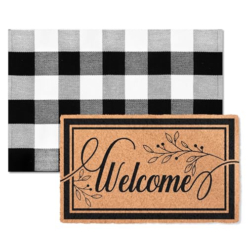 2-Piece Layered Welcome Mat Set - Coir Doormat & Buffalo Plaid Rug - color: Leaf Welcome 2