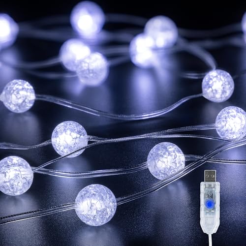 Upgrade Globe String Lights,10FT 30 LED USB Fairy Lights,8 Modes Crystal Crackle Ball Lights,Waterproof Decorative Christmas Lights for Indoor,Outdoor,Bedroom,Classroom,Wedding,Party,White - color: White