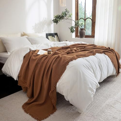 FOSSA Muslin Blanket 4-Layer 100% Cotton Gauze Blanket with Fringe 90"x90" - color: Dark Orange, size: Queen (90" × 90")