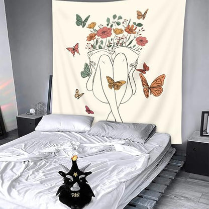 Abstract Woman Tapestry Boho Butterfly Floral Reading Book Wall Hanging - color: Abstract Woman（Beige）, size: 59"L x 51"W
