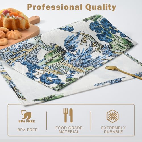 Snycler Table Runner Chinoiserie Vintage Style Mountain Spring Summer Table Runner, Seasonal House Trees Luxury Farmhouse Kitchen Dining Table Decoration for Home Party Decor (12x18 Inch,Set of 4) - color: Chinoiserie #3, size: 12" x 18"