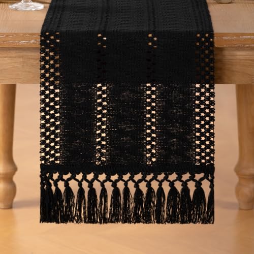 Boho Macrame Table Runner Black Burlap Small Dresser Runner - color: Black, size: 12" × 36"