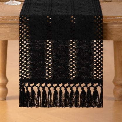 Boho Macrame Table Runner Black Burlap Small Dresser Runner - color: Black, size: 12" × 72"