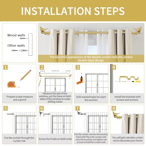 3/4" Diameter Farmhouse Double Window Treatment Curtain Rod, Bird Finials (28"-48", Gold) - color: Gold, size: 28"-48"
