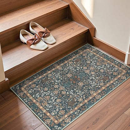 jinchan 2x3 Washable Entryway Area Rug, Floral Non-Slip, Dark Blue - color: Dark Blue, size: 2' x 3' (Rectangular)