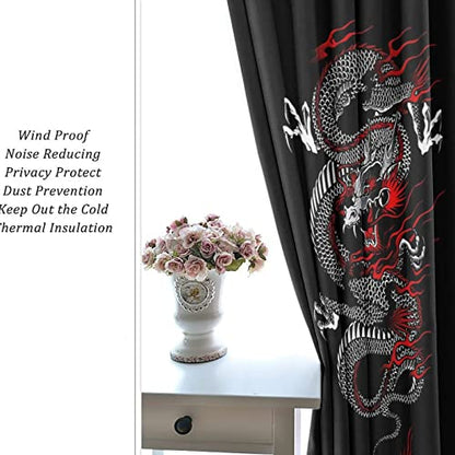 Fantasy Chinese Dragon Curtains - Cool Retro Black Red Japanese Anime Dragon Window Drapes Room Darkening Blackout Curtains Thermal Insulated Grommet Curtains for Bedroom 2 Panels 45L x 21W - color: Fantasy Chinese Dragon, size: 42"W x 45"L (Pack of 1)