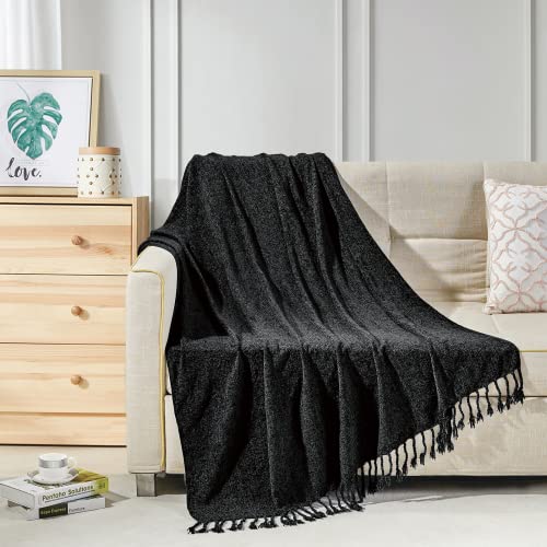 BOURINA Chenille Throw Blanket Boho Throw Outdoor Blanket,50x60Inch Black - color: Black, size: 50"×60"