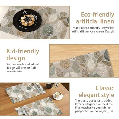 Linen Placemats Set of 6, Boho Green Leaves Washable Table Mats 12x18 Inch, Heat Resistant Non Slip Placemats for Dining Table Kitchen Everyday Use - color: Boho Green Leaves