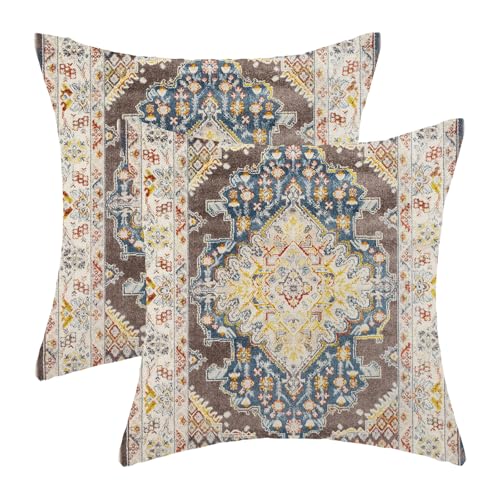 Boho Pillow Covers 18x18 Set of 2, Bohemian Carpet Pattern Brown Yellow Decorative Throw Pillows Vintage Farmhouse Outdoor Farmhouse Pillows for Sofa Couch Bedroom Decor - color: Brown Yellow, size: 18" x 18" (Pack of 2)