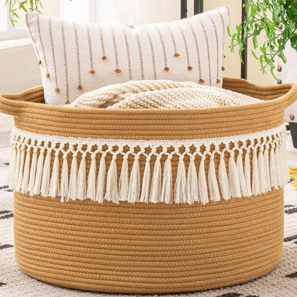 KAKAMAY Large Blanket Basket with Handles, Storage Basket for Living Room - color: Brown Fringe
