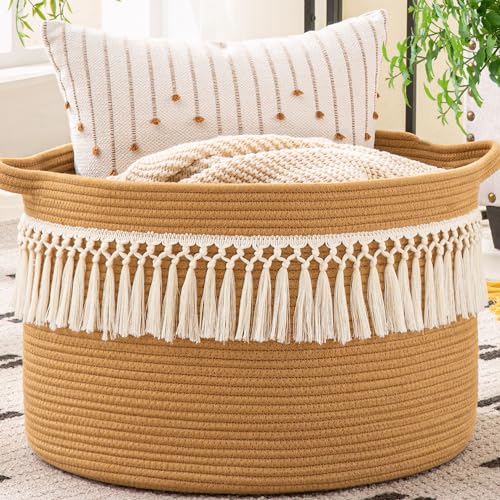 KAKAMAY Large Blanket Basket with Handles, Storage Basket for Living Room - color: Brown Fringe