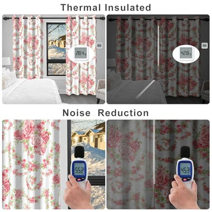 Pink Rose Spring Curtains for Girls Bedroom, Cute Floral Blackout Curtains for Bedroom and Nursery, Room Darkening Thermal Living Room Bedroom Curtains 84 Inch Length 2 Panels Set with Tiebacks - color: Pink Roses