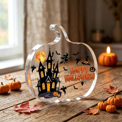 Pumpkin Shaped Acrylic Tabletop Sign, Happy Halloween Standing Decor
