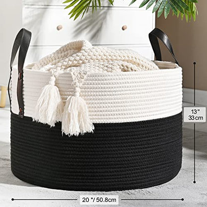KAKAMAY Large Blanket Basket (20"x13"),Woven Baskets for storage Baby Laundry Hamper, Cotton Rope Blanket Basket for Living Room, Laundry, Nursery, Pillows, Baby Toy chest (White/Black) - color: White and Black