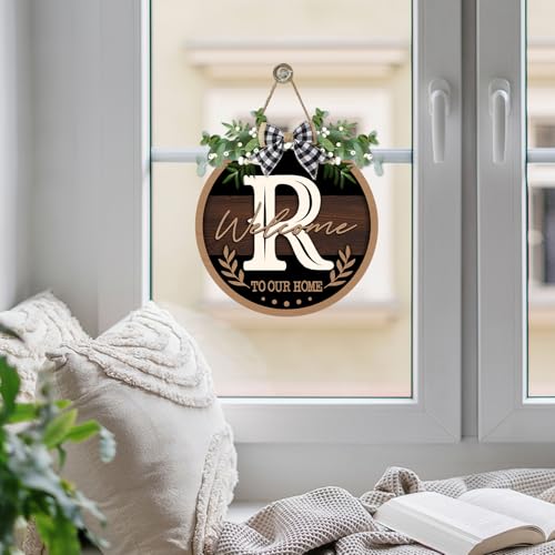 Monogram Letter R Front Door Sign, Welcome to Our Home Family Last - color: R
