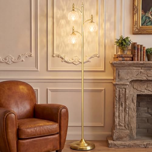 Gold Flower Floor Lamp, Dimmable Tree Floor Lamps for Living Room Brass Tall Standing Lamp with 3 Brightness Lights Glass Shades 66.5'' Modern Corner Lamp for Bedroom Office(3LED Bulbs Included) - color: Gold-3