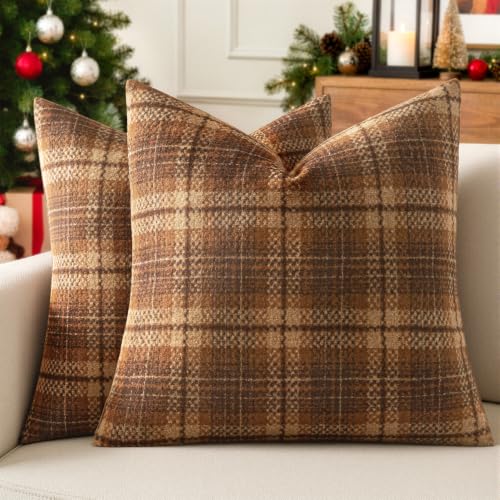 MIULEE Tartan Plaid Throw Pillow Covers Fall 20x20 Inch Brown - color: Brown, size: 20" x 20" (Pack of 2)