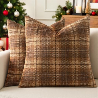 MIULEE Tartan Plaid Throw Pillow Covers Fall 20x20 Inch Brown - color: Brown, size: 20" x 20" (Pack of 2)