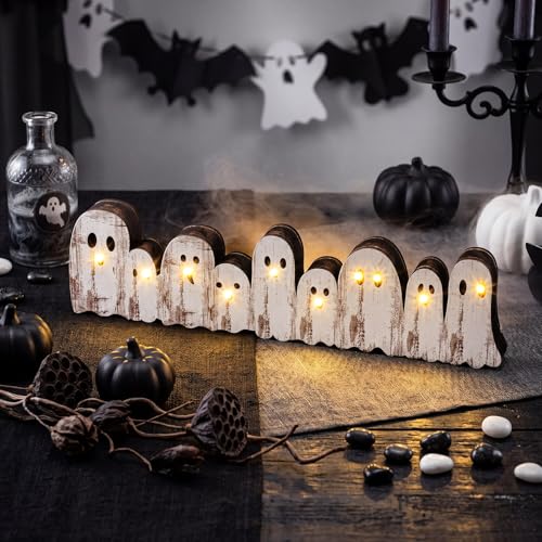 Yousoontic Halloween Ghost Decor, Light up Wooden Ghosts Table Centerpiece - style: Ghost