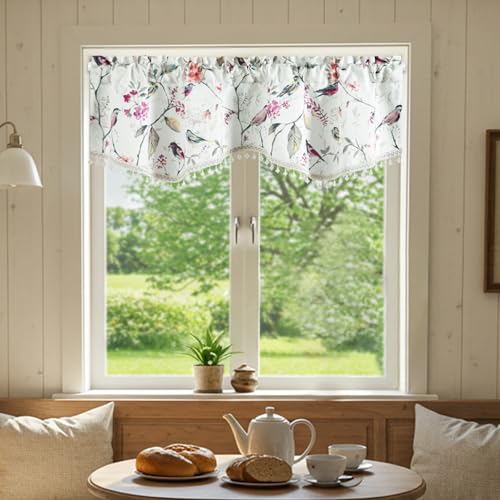 VOGOL Purple Bird Print Scalloped Valance, Linen Texture, 52 x 16, 1 Panel - color: Birds Purple, size: 52"W x 16"L (Pack of 1)
