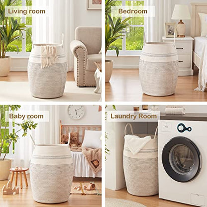 OIAHOMY 105L Laundry Hamper Cotton Rope Large Clothes Hamper Light Grey - color: White black