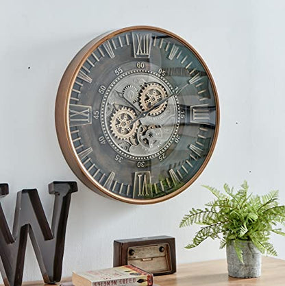 CLXEAST 24 Inch Large Wall Clock with Moving Gears, Antique Gold - color: Antique Brass Gold, size: 24 Inch