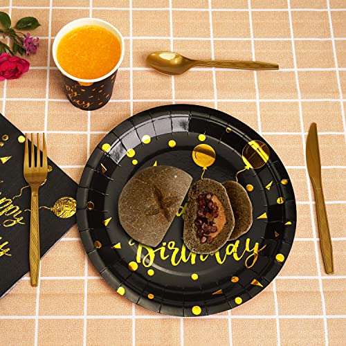 200 pieces of black and gold birthday party supplies, disposable happy birthday tableware set, gold plastic knives, forks, spoons, straws. Birthday themed tray, cup,25Guests (black) - color: Black