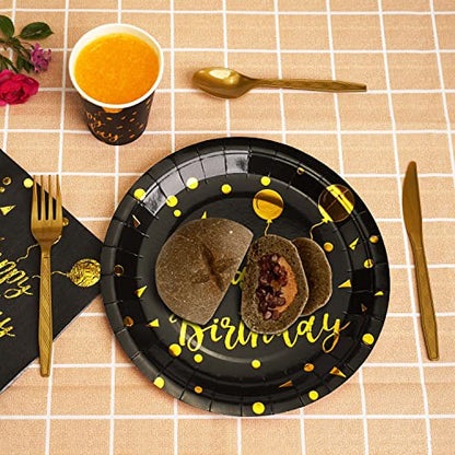 200 pieces of black and gold birthday party supplies, disposable happy birthday tableware set, gold plastic knives, forks, spoons, straws. Birthday themed tray, cup,25Guests (black) - color: Black