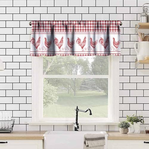 Farmhouse Rooster Kitchen Valance Curtains, Rustic Red White Buffalo Check Stripe Boho Window Treatment Valances for Dining Room Living Room 1 Panel, 54x18Inch - color: Chicken-3