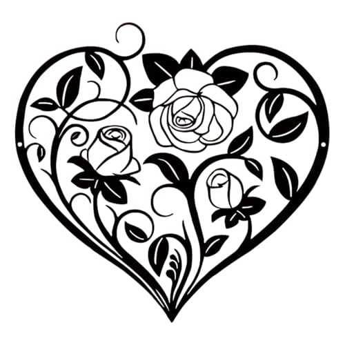 Heoclao Heart Rose Metal Wall Art, Romantic Black Iron Sculpture with Rose Design, Floral Home Decor for Bedroom, Living Room or Wedding - 11.81 Inch