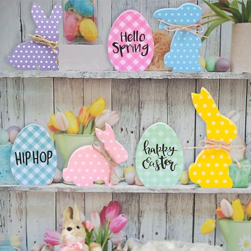 7Pcs Easter Decorations for Home - Wooden Bunny Eggs Tiered Tray Decor - Spring Easter Table Centerpieces Signs for Indoor Mantel Office - style: 7 PCS Bunny Egg