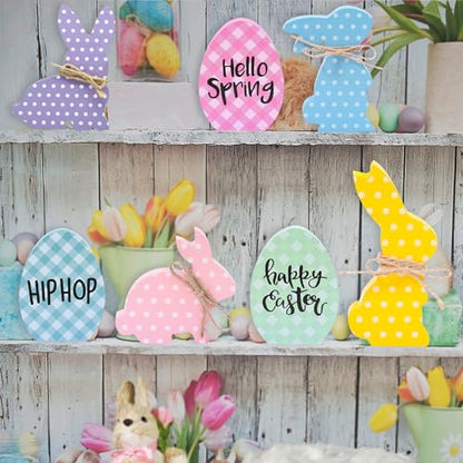 7Pcs Easter Decorations for Home - Wooden Bunny Eggs Tiered Tray Decor - Spring Easter Table Centerpieces Signs for Indoor Mantel Office - style: 7 PCS Bunny Egg