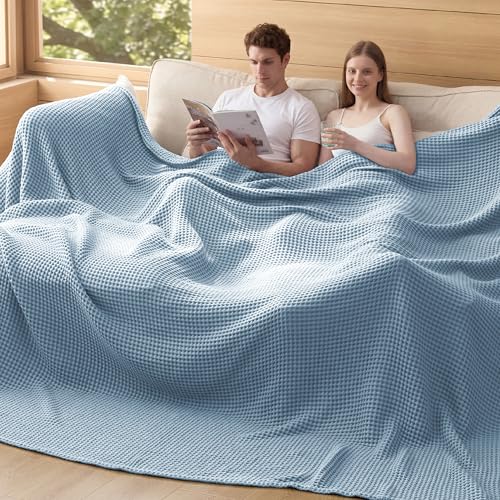 Bedsure Lightweight 100% Cotton Waffle Blanket, 120x94, Celestial Blue - color: Celestial Blue, size: Oversized King (120" X 94")