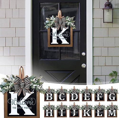 Last Name All Year Round Front Door Wreath with 26 Initial Letter Welcome Sign All Seasons Eucalyptus Garland and Bow ，Farmhouse, Porch, for Spring Summer Fall All Seasons Holiday Halloween Christmas.（K） - color: K