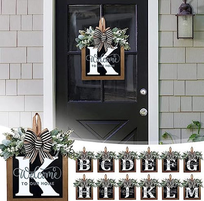 Last Name All Year Round Front Door Wreath with 26 Initial Letter Welcome Sign All Seasons Eucalyptus Garland and Bow ，Farmhouse, Porch, for Spring Summer Fall All Seasons Holiday Halloween Christmas.（K） - color: K