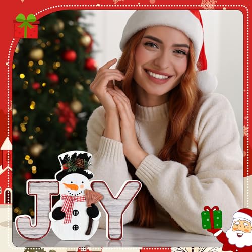 Snowman Christmas Decorations Indoor, Wooden Joy Sign Tabletop Decor