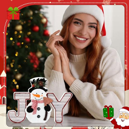Snowman Christmas Decorations Indoor, Wooden Joy Sign Tabletop Decor
