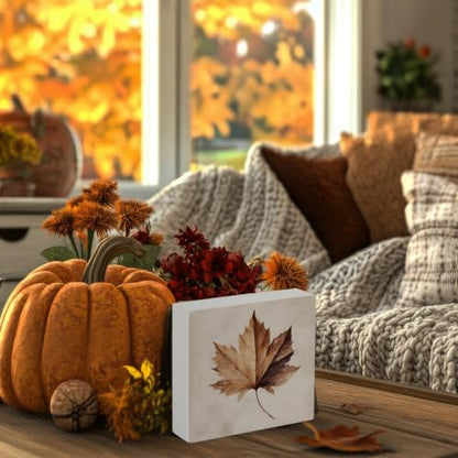 Rustic Fall Maple Leaf Wooden Box Sign Desk Decor - color: Rustic Fall
