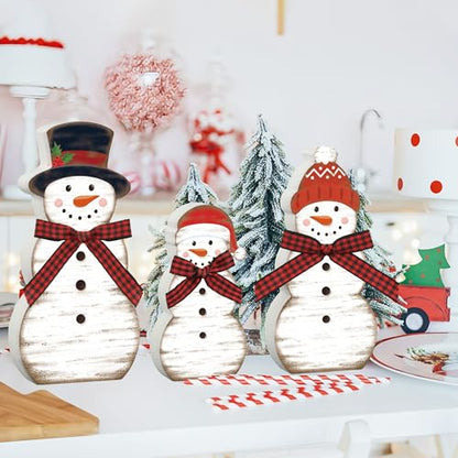 3 Pcs Christmas Snowman Wooden Table Decorations Winter Snowman Tabletop Centerpiece Wood Block Sign Rustic Farmhouse Xmas Tiered Tray Decor for Christmas Winter Holiday Home Office Shelf Party Decor