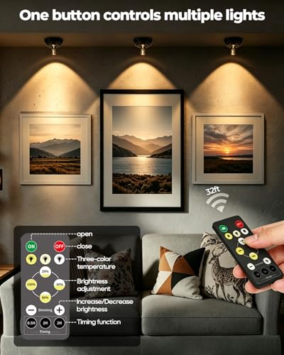 4 Pack Spot Lights Indoor Led Spotlight, Rechargeable Battery Wireless Up Lights Indoor Timer Remote, Small Dimmable Uplight for Plants Display Painting Dartboard Artwork Portrait Closet